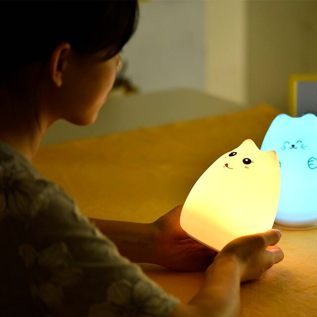 Luz de Noche LED de Silicona para Niños, Lámpara de Dormitorio Adorable y Personalizable con Forma de Gato, Recargable por USB