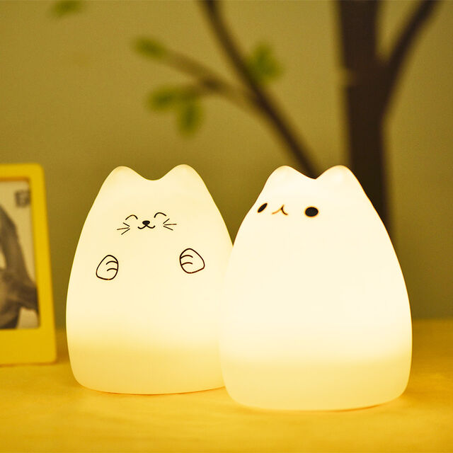 Luz de Noche LED de Silicona para Niños, Lámpara de Dormitorio Adorable y Personalizable con Forma de Gato, Recargable por USB