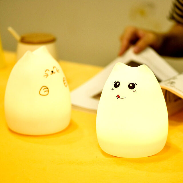 Luz de Noche LED de Silicona para Niños, Lámpara de Dormitorio Adorable y Personalizable con Forma de Gato, Recargable por USB