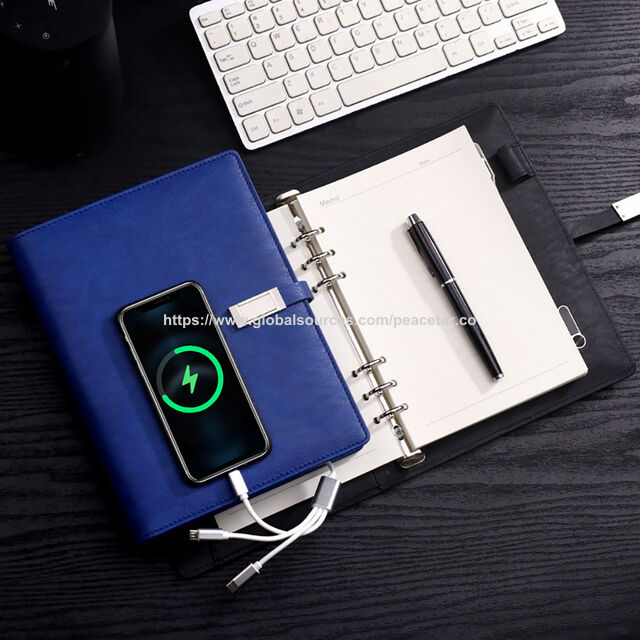 Agenda Inteligente Ejecutiva Tamaño A5 con Memoria USB y Cargador Inalámbrico Integrados. Capacidad de 10.000 mAh.
