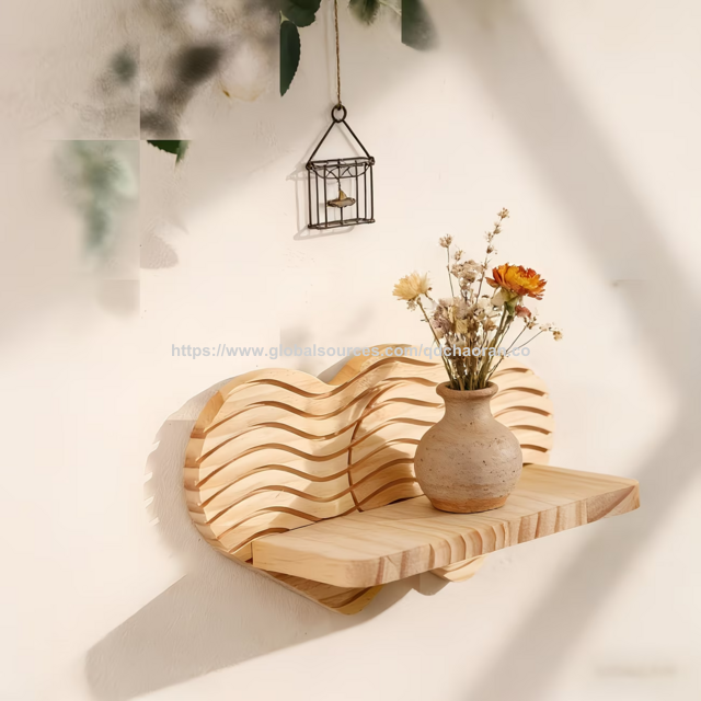 Étagère Murale en Bois en Forme de Cœur avec Motif Ondulé, Râtelier de Rangement Décoratif Artisanal Rustique - Étagères Murales en Bois
