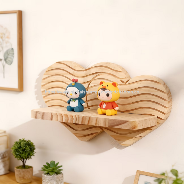 Étagère Murale en Bois en Forme de Cœur avec Motif Ondulé, Râtelier de Rangement Décoratif Artisanal Rustique - Étagères Murales en Bois