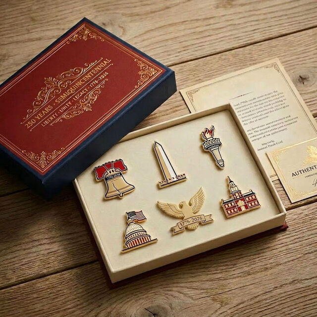 USA 250 Ans Patriote Monument Boîte Cadeau Ensemble Épinglette Émail