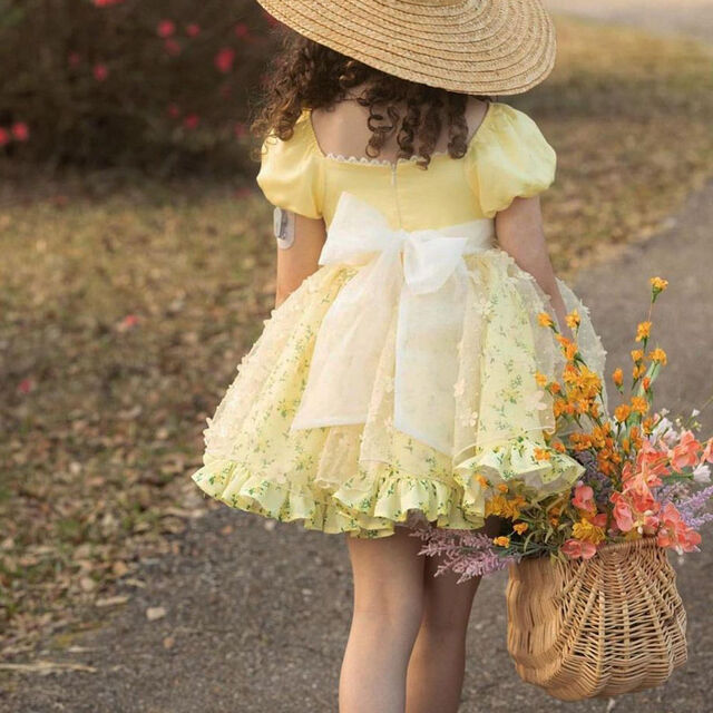Vestidos de Princesa para Fiesta de Bebé Niña Recién Nacida, Multicapa con Estampado Amarillo