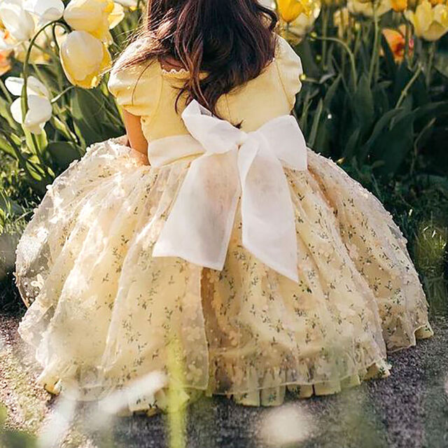 Vestidos de Princesa para Fiesta de Bebé Niña Recién Nacida, Multicapa con Estampado Amarillo