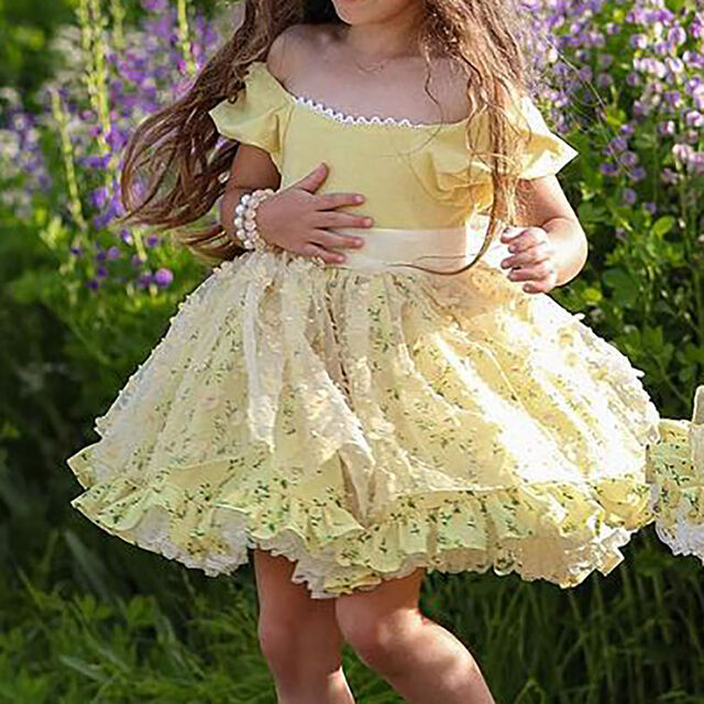 Vestidos de Princesa para Fiesta de Bebé Niña Recién Nacida, Multicapa con Estampado Amarillo