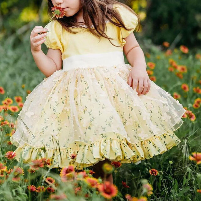 Vestidos de Princesa para Fiesta de Bebé Niña Recién Nacida, Multicapa con Estampado Amarillo