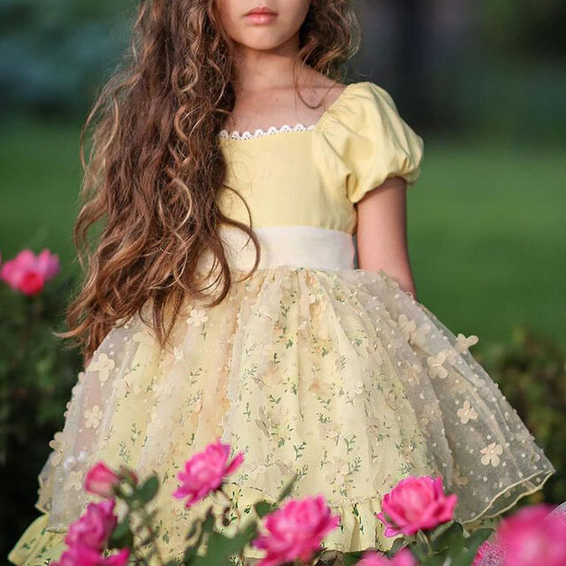 Vestidos de Princesa para Fiesta de Bebé Niña Recién Nacida, Multicapa con Estampado Amarillo