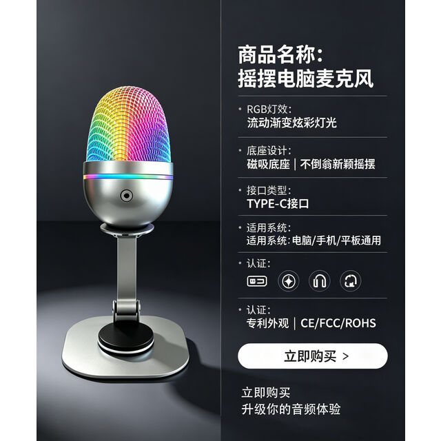 Micrófono de Juego RGB USB con Soporte Ajustable, Reducción de Ruido AI ENC, Micrófono de Grabación Tipo-C OTG para PC y Teléfono Android Streaming