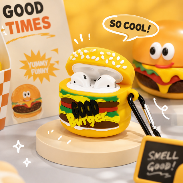 Coque en Silicone Hamburger Compatible avec AirPods, Housse d'écouteurs Antichoc Mignonne avec Lanière