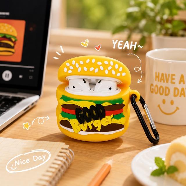 Coque en Silicone Hamburger Compatible avec AirPods, Housse d'écouteurs Antichoc Mignonne avec Lanière