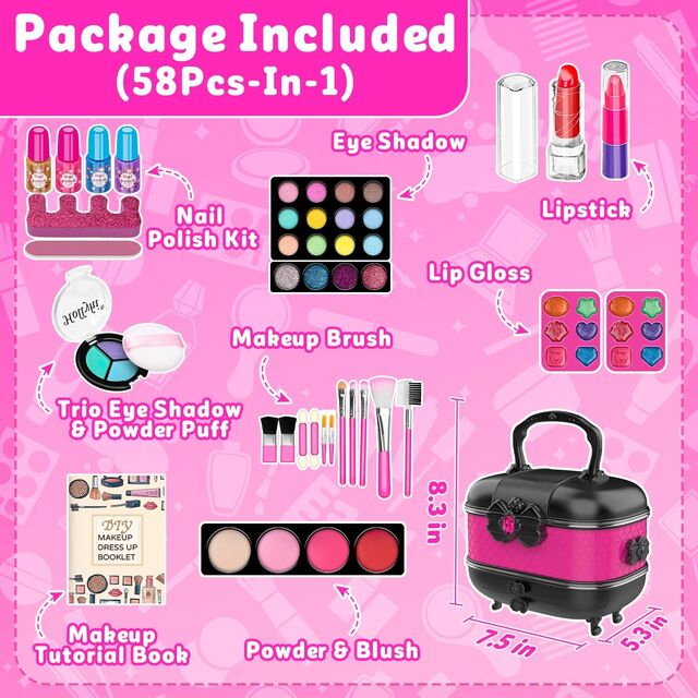 Beliebte Wahl 58-teiliges Waschbares Mädchen-Make-up-Set, Prinzessinnen-Kosmetik-Kit mit Spiegel, Verkleidungsspielzeug als Geburtstagsgeschenk für Kinder