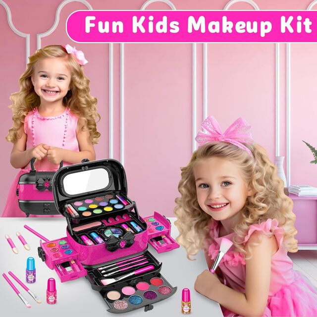 Beliebte Wahl 58-teiliges Waschbares Mädchen-Make-up-Set, Prinzessinnen-Kosmetik-Kit mit Spiegel, Verkleidungsspielzeug als Geburtstagsgeschenk für Kinder