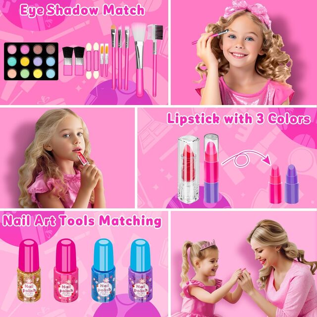 Beliebte Wahl 58-teiliges Waschbares Mädchen-Make-up-Set, Prinzessinnen-Kosmetik-Kit mit Spiegel, Verkleidungsspielzeug als Geburtstagsgeschenk für Kinder