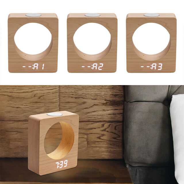 Lâmpadas de mesa digitais LED de cubo de madeira maciça com despertador e luz noturna
