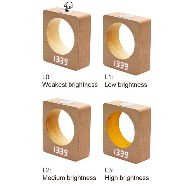 Lâmpadas de mesa digitais LED de cubo de madeira maciça com despertador e luz noturna