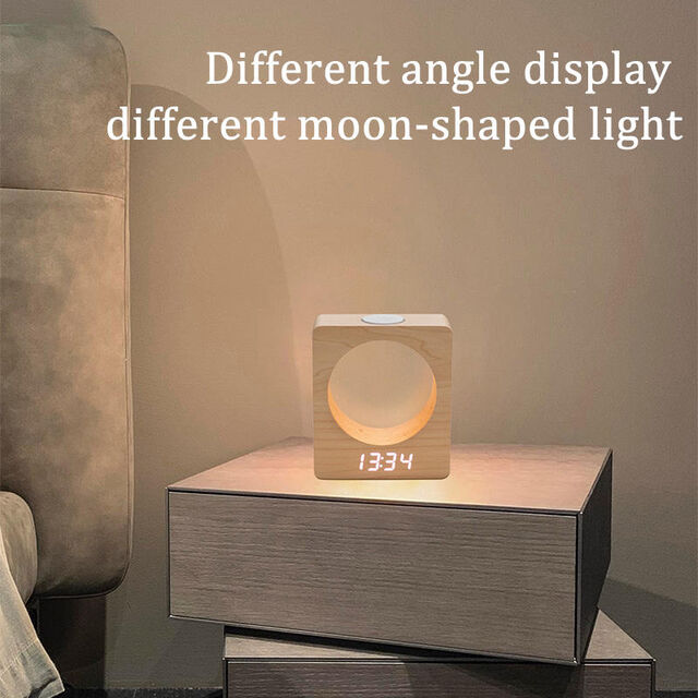 Lâmpadas de mesa digitais LED de cubo de madeira maciça com despertador e luz noturna