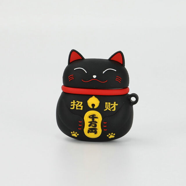 Coque AirPods 3D Chat de la Fortune Noir Mignon, Housse de Protection en Silicone Chat Porte-Bonheur, Étui Écouteurs Anti-Choc avec Porte-Clés