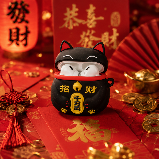 Coque AirPods 3D Chat de la Fortune Noir Mignon, Housse de Protection en Silicone Chat Porte-Bonheur, Étui Écouteurs Anti-Choc avec Porte-Clés