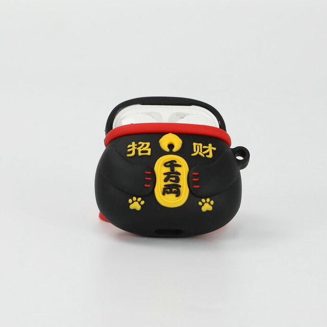 Coque AirPods 3D Chat de la Fortune Noir Mignon, Housse de Protection en Silicone Chat Porte-Bonheur, Étui Écouteurs Anti-Choc avec Porte-Clés