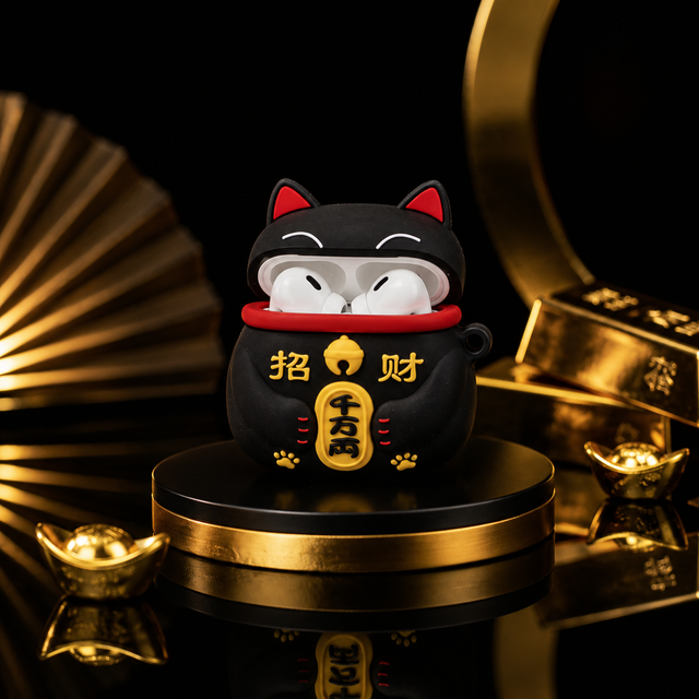 Coque AirPods 3D Chat de la Fortune Noir Mignon, Housse de Protection en Silicone Chat Porte-Bonheur, Étui Écouteurs Anti-Choc avec Porte-Clés