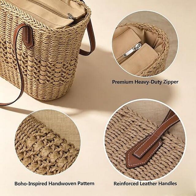 Sac Cabas en Paille Tissé pour Plage Femme, Grand Sac à Bandoulière Boho pour Vacances d'Été