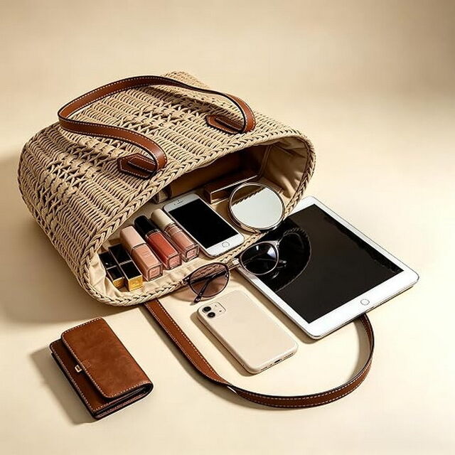 Sac Cabas en Paille Tissé pour Plage Femme, Grand Sac à Bandoulière Boho pour Vacances d'Été
