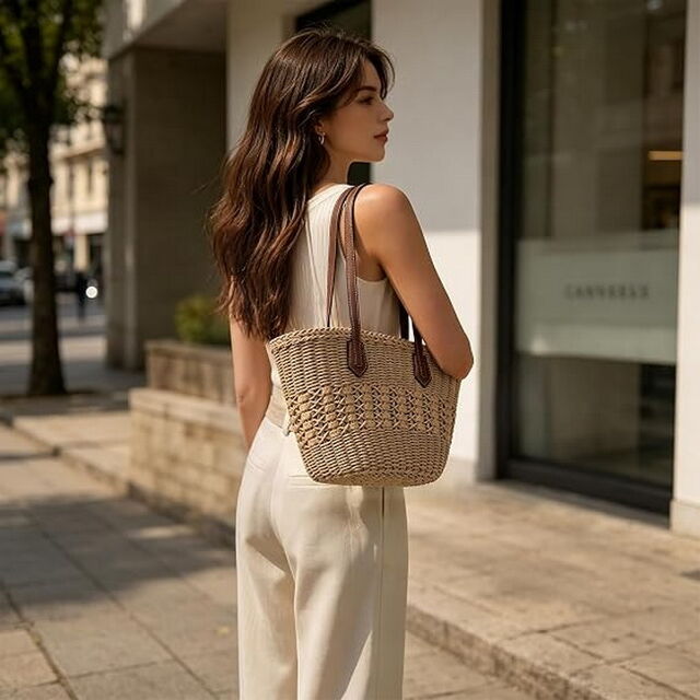 Sac Cabas en Paille Tissé pour Plage Femme, Grand Sac à Bandoulière Boho pour Vacances d'Été