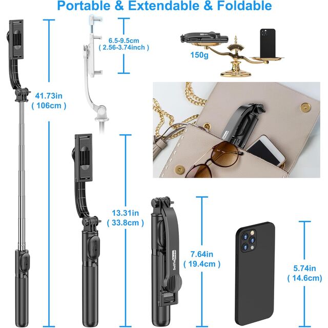 Palo Selfie Extensible con Trípode y Control Remoto Inalámbrico - Soporte Portátil y Ligero para Teléfono