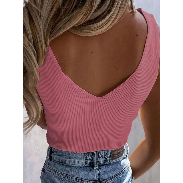 Débardeur Camisole en Tricot côtelé pour Femme, Col en V, Dos Nu, Uni