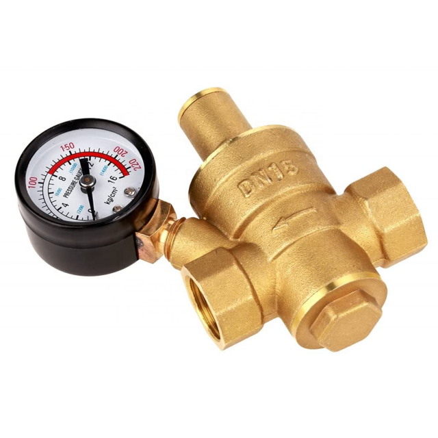 Adjustable Brass Water Pressure Regulator With Built-In Gauge