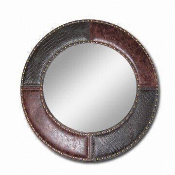China Leather Framed Mirror With Nail, Leather Wall Mirror