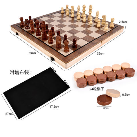 Folding Wooden Chess Board and Two Type Draughts Round Pieces Set Board Game