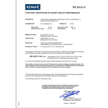 12/24kV Dutch KEMA Type Test Certificate indoor HV Vacuum Circuit ...