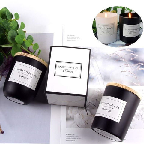 China Hot selling black empty candle jar with wooden lid matte glass ...