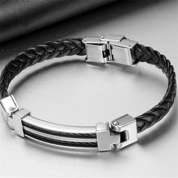 cactus charm Black faux leather plaited cord bracelet