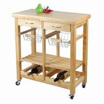 Oak Kitchen Trolley With Drawers Wire Baskets Shelves And Wine