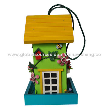 Wooden Bird Feeder With Metal Flower In Colorful Roof Can Be In
