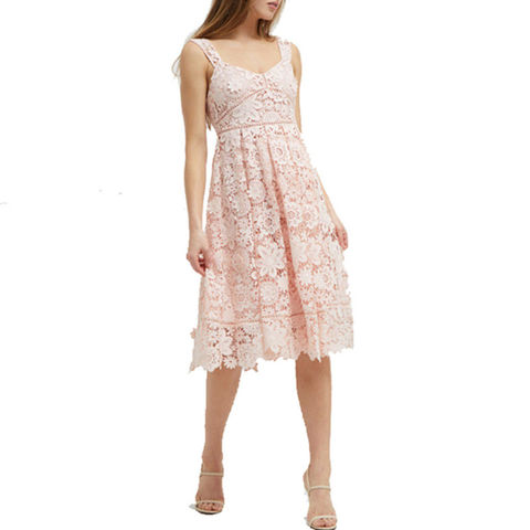 blush pink strappy lace midi dress