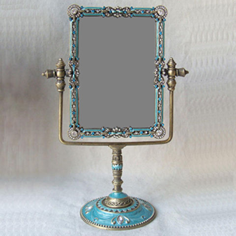 China Vintage Brass Blue Rhinestones Pearls Jeweled Rectangle Rectangle Tabletop Mirror China