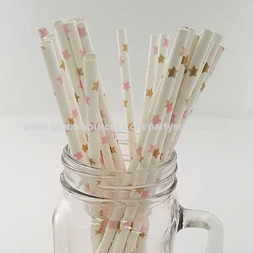 Eco Friendly Pink And Gold Star Printed Paper Drinking Straws For