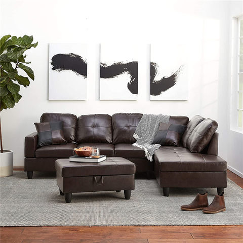 Durable Faux Leather Sectional Sofa Set, L Shape Faux Leather Sofa Set W Ottoman Bench