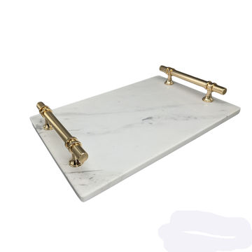 China Rectangle Shape White Marble Tray, Marble Vanity Tray With Handles