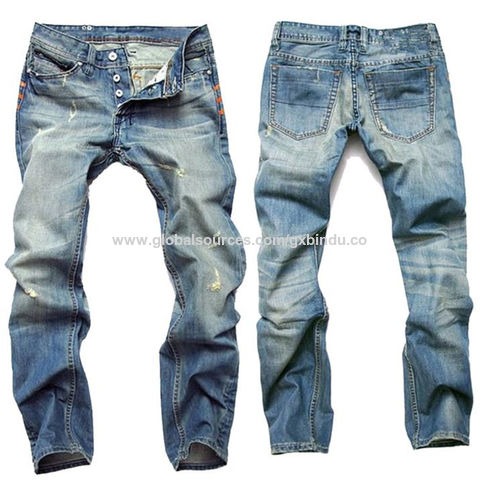China Pantalones delgados regulares lavados del dril de algodón de la  solapa del botón de los tejanos de los hombres clásicos al por mayor de la  fábrica encendido Global Sources,Pantalones de los