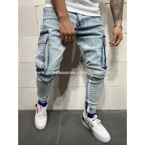 China El lado blanco de los hombres rayó los pantalones delgados del dril  de algodón del Multi-bolsillo de Hip Hop de los vaqueros del estiramiento  flaco de los pantalones encendido Global Sources,Pantalones