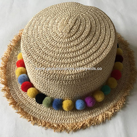 Girls Straw Trilby Hat Pom Pom Kids Childrens Summer Sun Hat