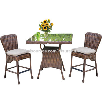 Wicker Patio Furniture Rattan Bar Stool Set With Olefin Fabric For