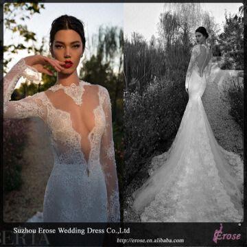 Lj1204 Sexy Long Sleeve See Through Corset Lace Long Tail Wedding
