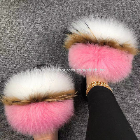 China Summer Women Slides Ladies Fox Slippers Furry Sandals Female Flip Flops Girl's Fluff Global Sources,Slippers,Fur slippers,indoor shoes