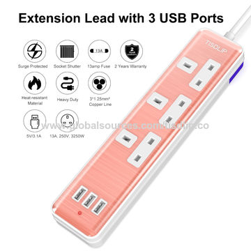 Extension Lead lipwel 3USB 3 Way Surge Protected Power Socket 1.8 m Or Rose